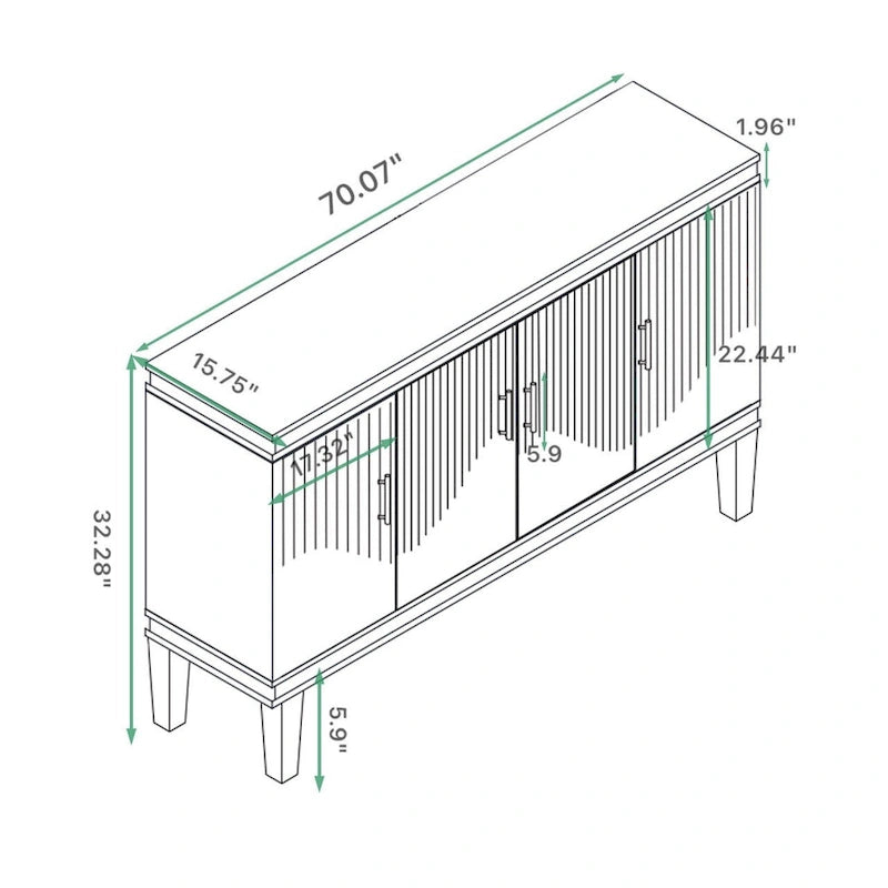 Aparador tipo buffet grande de 4 puertas con estantes ajustables y patas de madera maciza