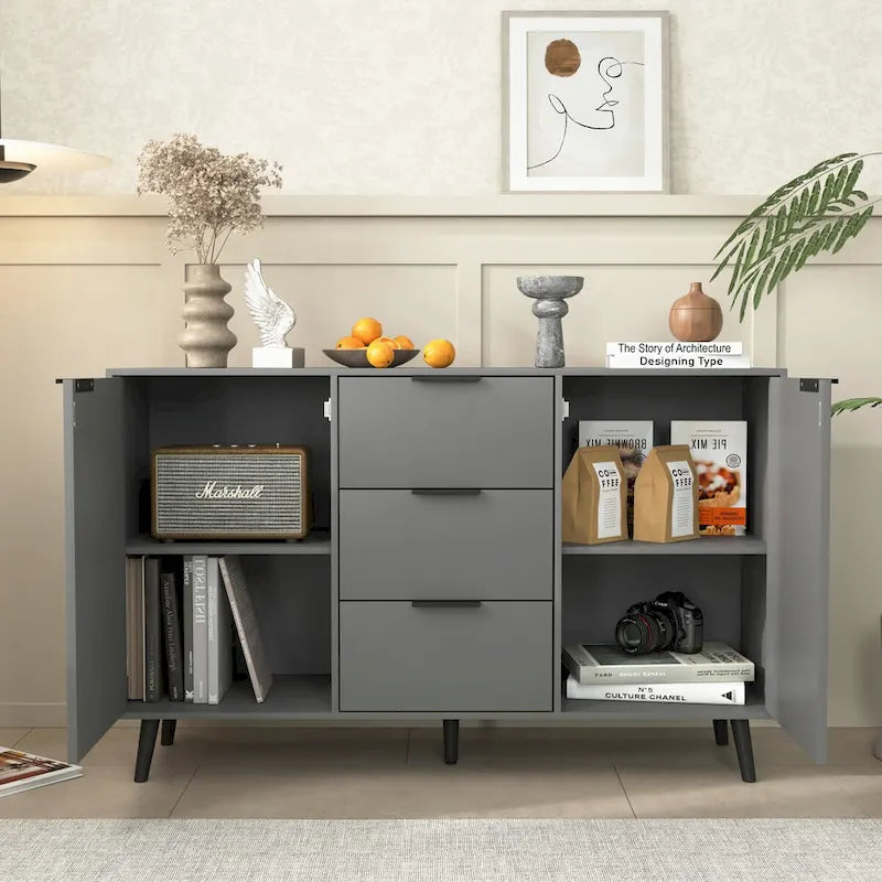 Anrichten-Buffetschrank mit Stauraum, Kaffee-Barschrank aus Holz, 47.2 Schrank mit 3 Schubladen und 2 Türen, Buffetschrank