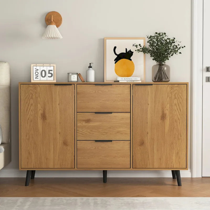 Anrichten-Buffetschrank mit Stauraum, Kaffee-Barschrank aus Holz, 47.2 Schrank mit 3 Schubladen und 2 Türen, Buffetschrank