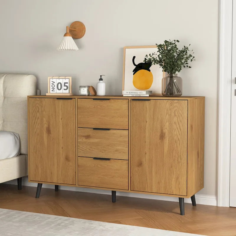 Anrichten-Buffetschrank mit Stauraum, Kaffee-Barschrank aus Holz, 47.2 Schrank mit 3 Schubladen und 2 Türen, Buffetschrank