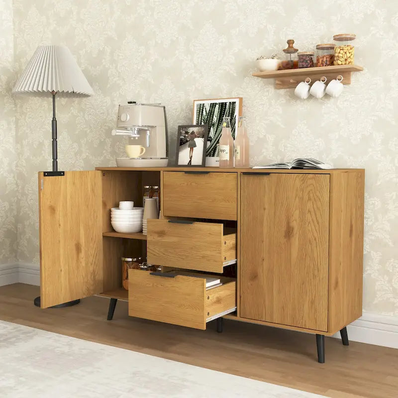 Anrichten-Buffetschrank mit Stauraum, Kaffee-Barschrank aus Holz, 47.2 Schrank mit 3 Schubladen und 2 Türen, Buffetschrank