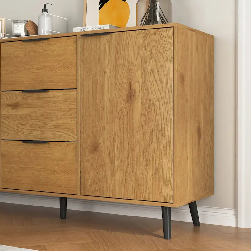 Anrichten-Buffetschrank mit Stauraum, Kaffee-Barschrank aus Holz, 47.2 Schrank mit 3 Schubladen und 2 Türen, Buffetschrank