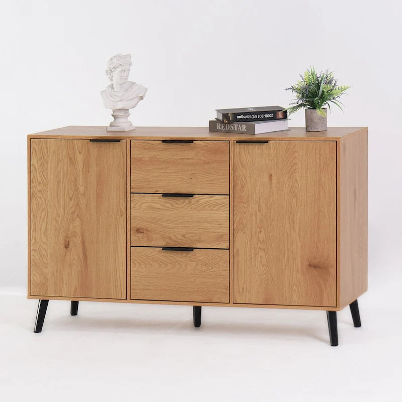 Anrichten-Buffetschrank mit Stauraum, Kaffee-Barschrank aus Holz, 47.2 Schrank mit 3 Schubladen und 2 Türen, Buffetschrank