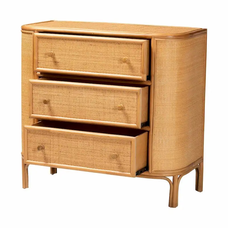mueble de almacenamiento de ratán claro con 3 cajones