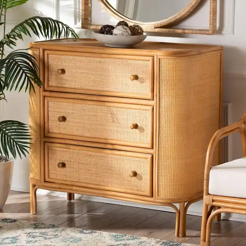 mueble de almacenamiento de ratán claro con 3 cajones
