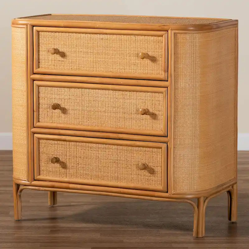 mueble de almacenamiento de ratán claro con 3 cajones