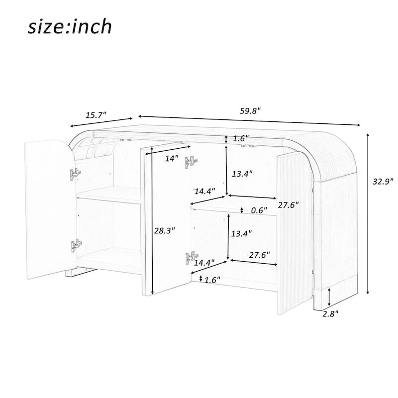 4-door Curved Corner Wavy Door Panel Cabinet with Adjustable Shelves