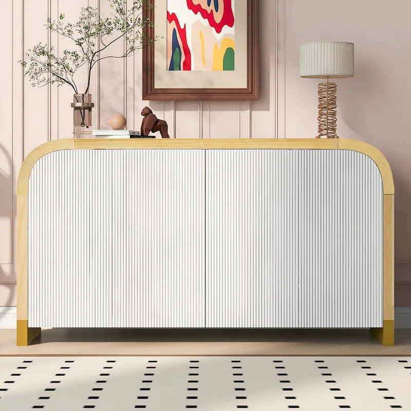 4-door Curved Corner Wavy Door Panel Cabinet with Adjustable Shelves