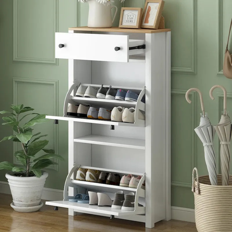 Organizer da ingresso con 2 cassetti, scarpiera con piano in legno e cassetto, portascarpe autoportante con pannello regolabile, bianco