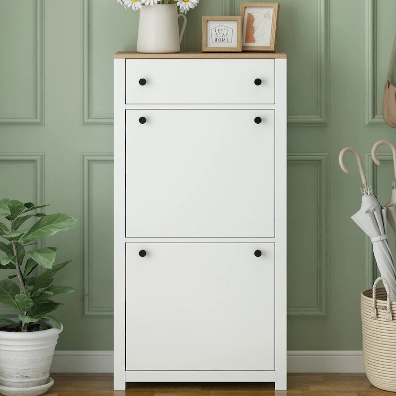 Organizer da ingresso con 2 cassetti, scarpiera con piano in legno e cassetto, portascarpe autoportante con pannello regolabile, bianco