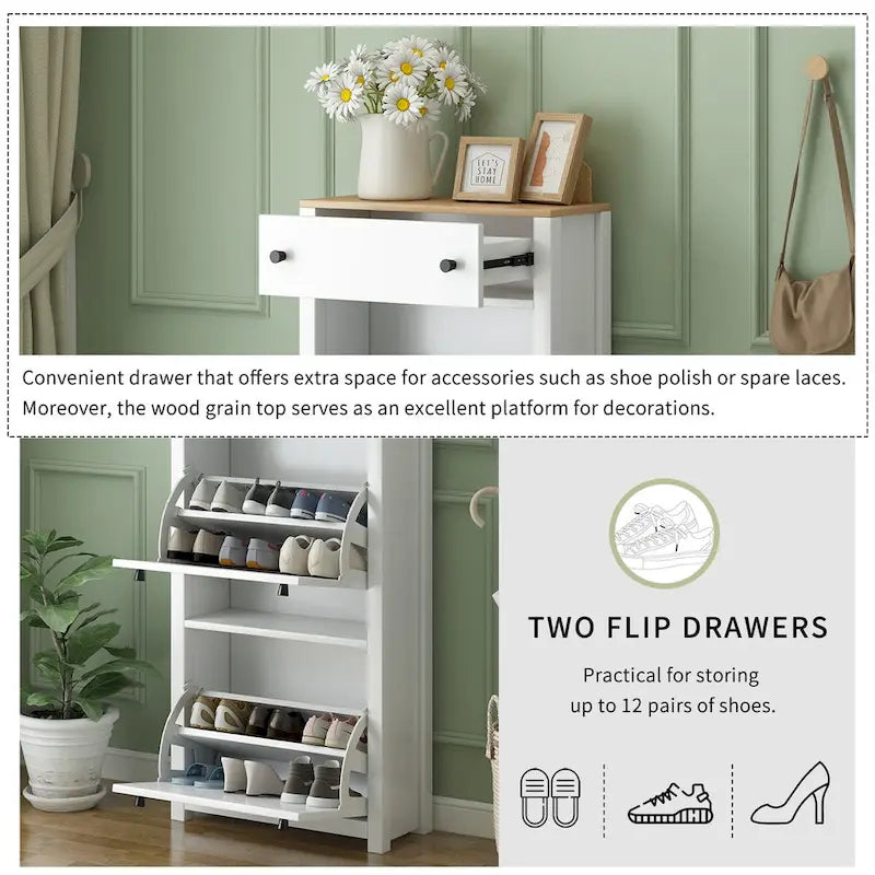 Organizer da ingresso con 2 cassetti, scarpiera con piano in legno e cassetto, portascarpe autoportante con pannello regolabile, bianco