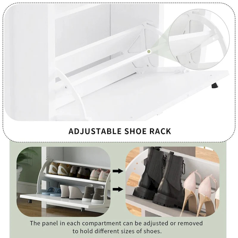 Organizer da ingresso con 2 cassetti, scarpiera con piano in legno e cassetto, portascarpe autoportante con pannello regolabile, bianco