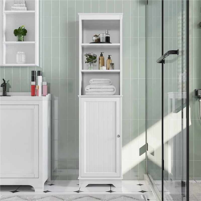 Armario de suelo de madera para baño con una puerta y estantes