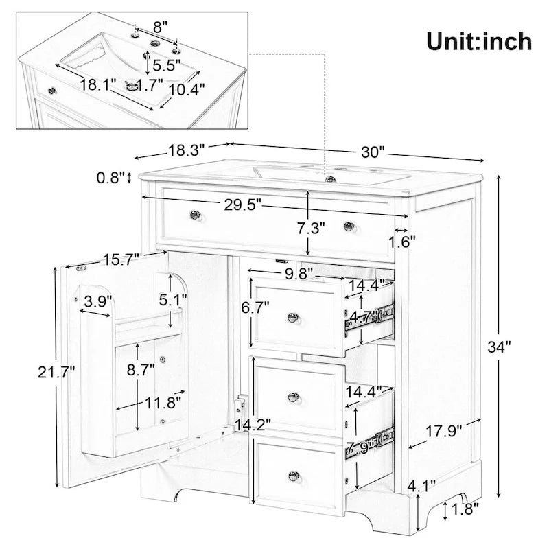 Badezimmer-Waschtischunterschrank mit Waschbeckenplatte, Tür und Schubladen