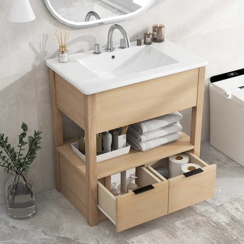 Armario de baño con estante de almacenamiento abierto y cajones