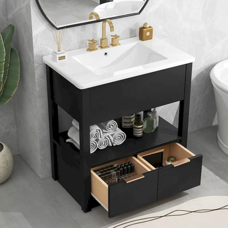 Badezimmerschrank mit offenem Ablagefach und Schubladen