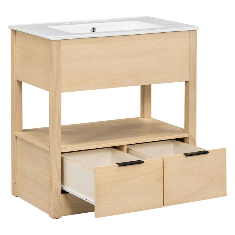 Badezimmerschrank mit offenem Ablagefach und Schubladen
