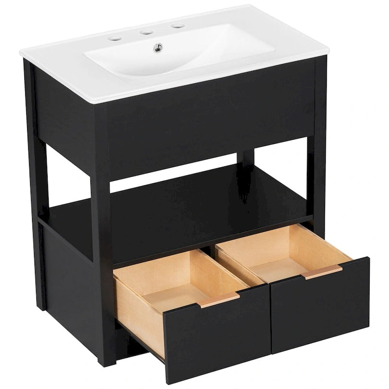 Badezimmerschrank mit offenem Ablagefach und Schubladen