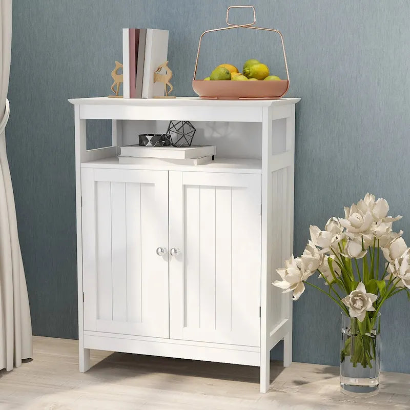 White Bathroom standing storage cabinet with double shutter doors