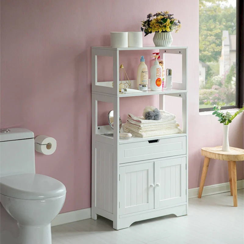 tocador alto independiente de madera, despensa de cocina y organizador de baño, un cajón y un mueble con 2 puertas, blanco