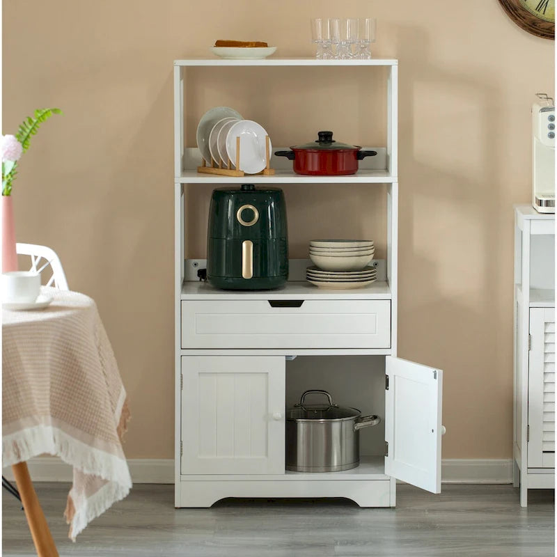 tocador alto independiente de madera, despensa de cocina y organizador de baño, un cajón y un mueble con 2 puertas, blanco