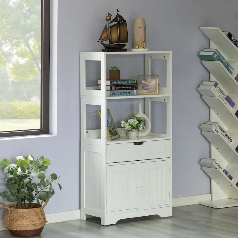 tocador alto independiente de madera, despensa de cocina y organizador de baño, un cajón y un mueble con 2 puertas, blanco
