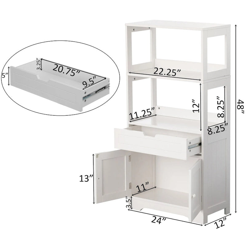 tocador alto independiente de madera, despensa de cocina y organizador de baño, un cajón y un mueble con 2 puertas, blanco