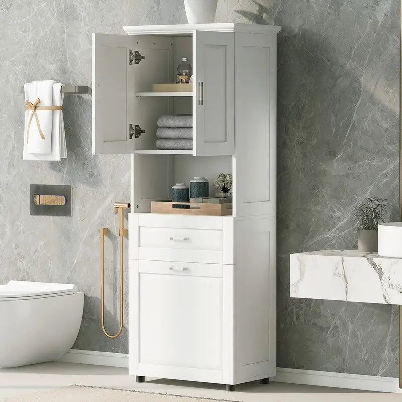 mueble de baño alto con cesto para ropa y mueble de almacenamiento